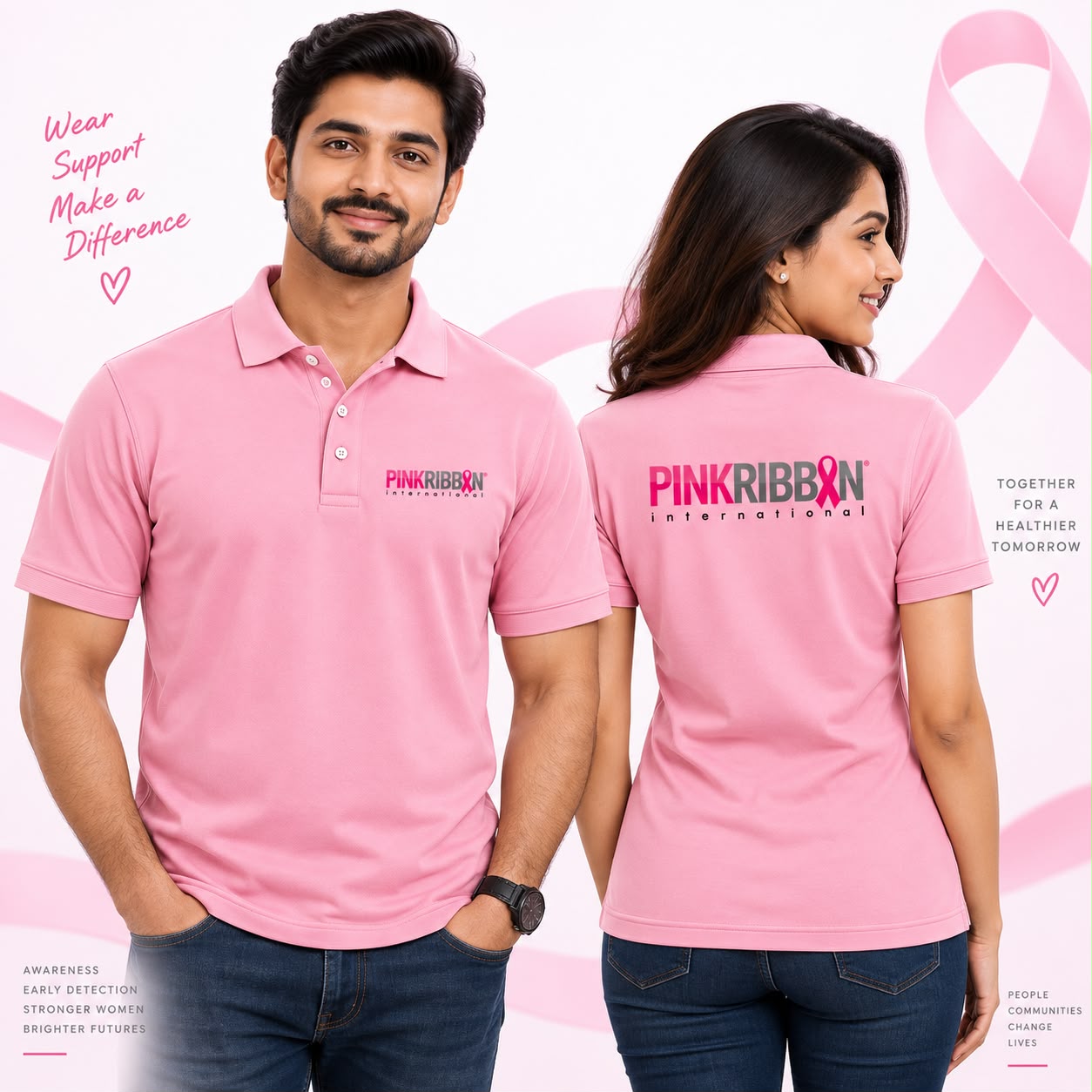 A man and a woman wearing the PinkRibbon International premium polo T-shirt