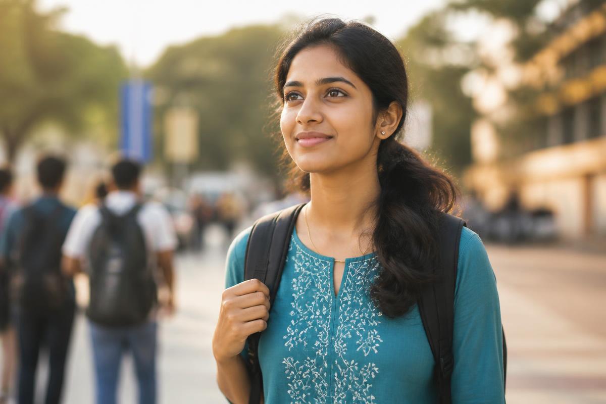 A young Indian woman with a backpack in afternoon light